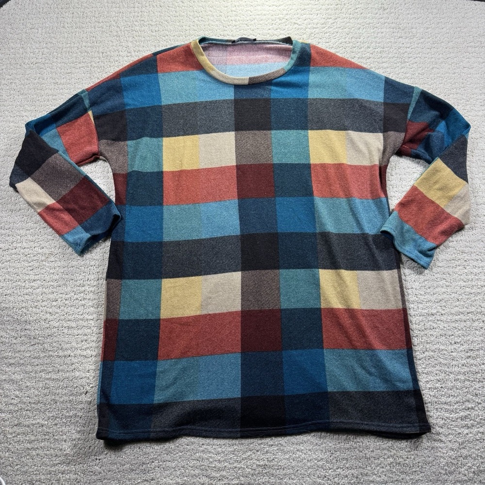 BOMBOM Womens Large Multicolor Plaid Block Tunic Top Long Sleeve